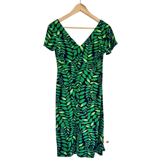 Green Leaf Nature Print Midi Dress Boho Garden Party VNeck Padded Retro Y2K S - Picture 2 of 10